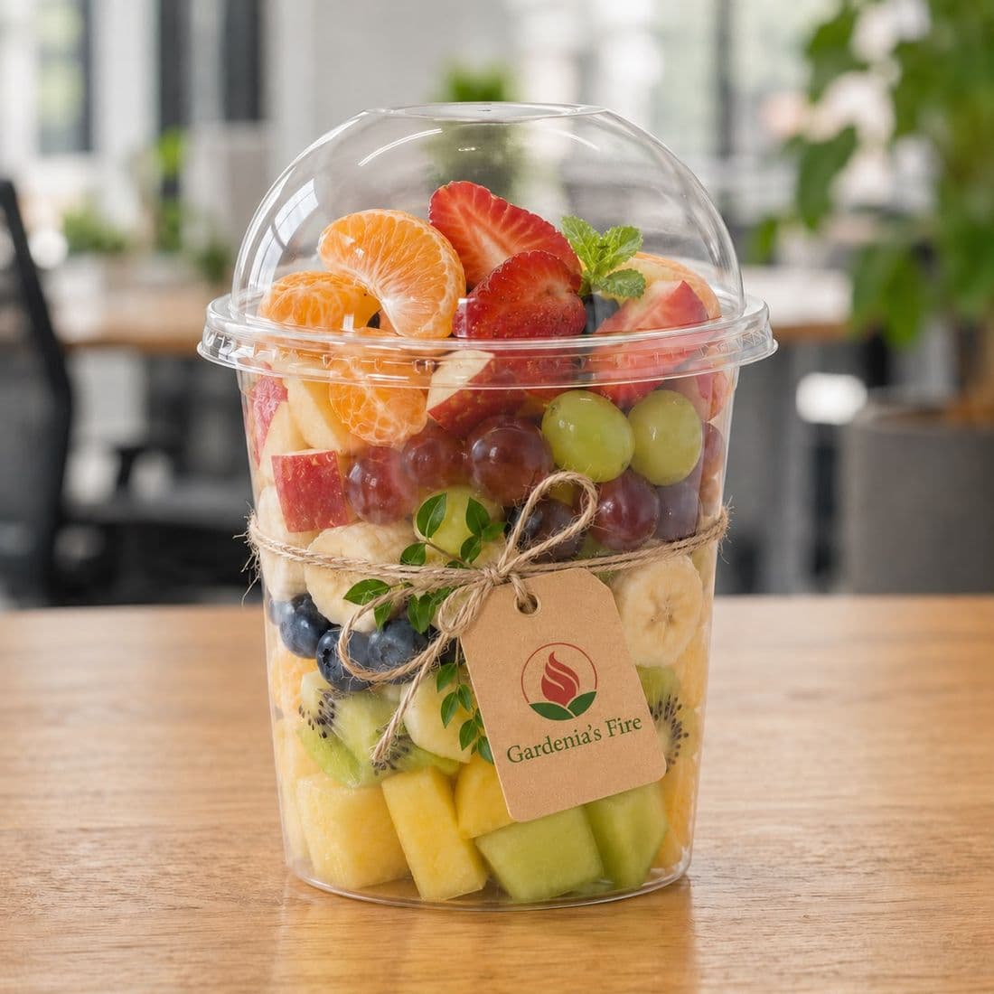 A Gardenia's Fire Garden Cup filled with fresh cut fruit on an office desk