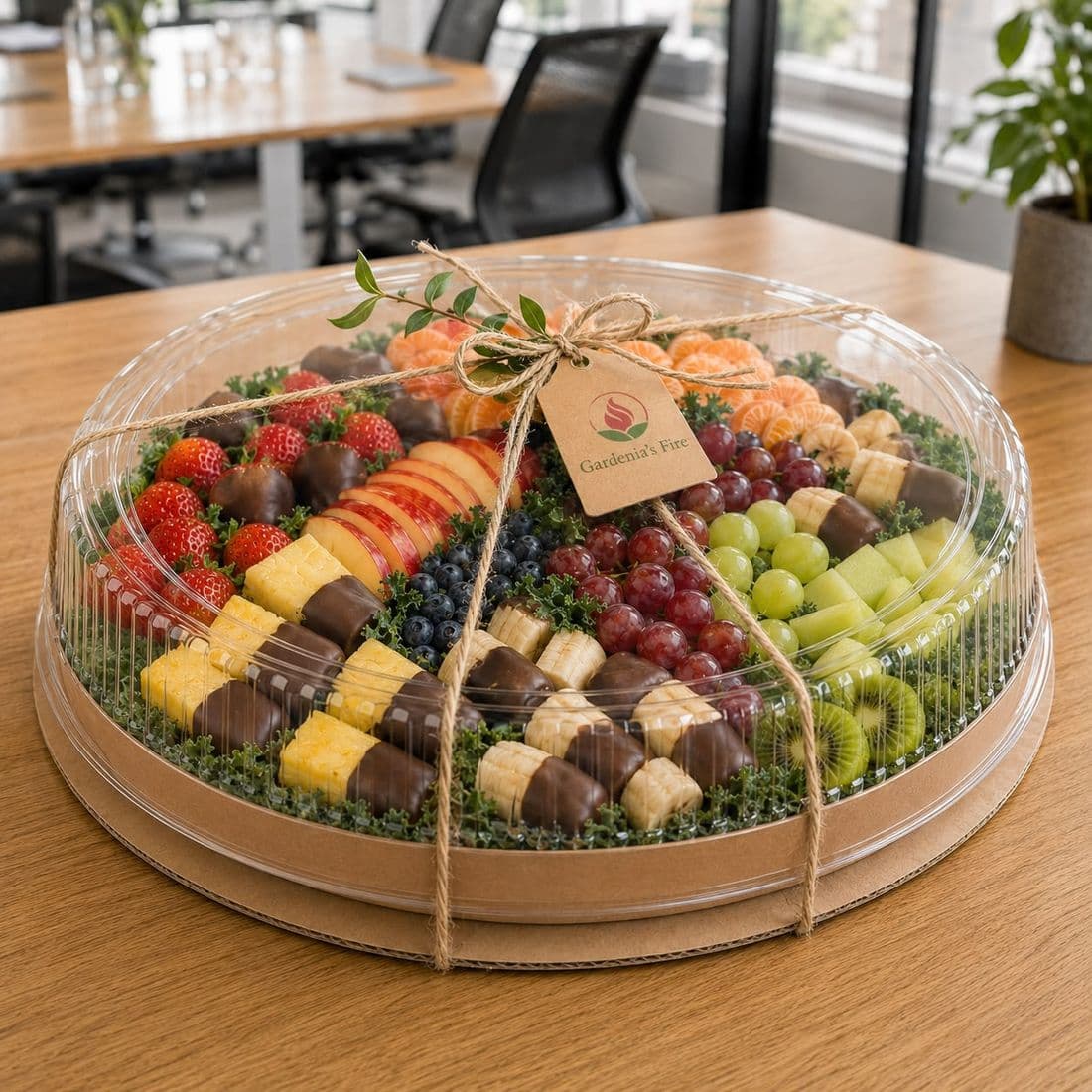 Gardenia's Fire Office Garden — a large tray of fresh fruit on an office table